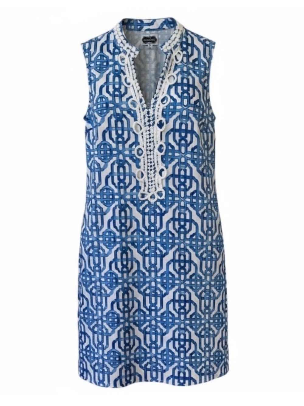 Mud Pie Blue and White Print Sleeveless V-Neck Shift Kate Dress Size Small
